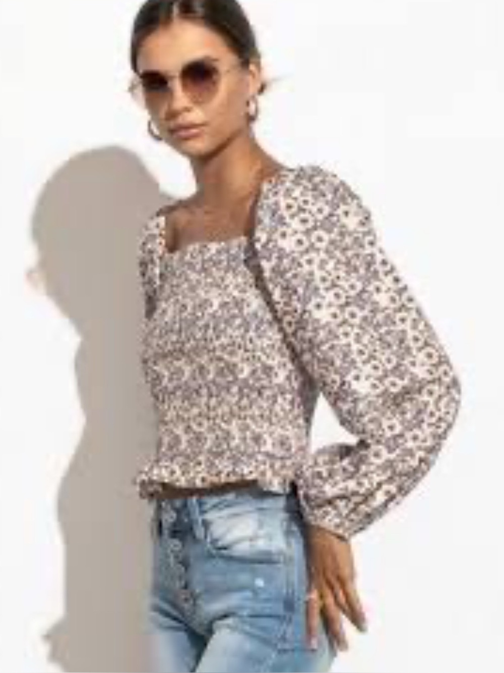 Bohme Women’s Floral Square-Neck Puff Sleeve Top Elastic Bodice XL